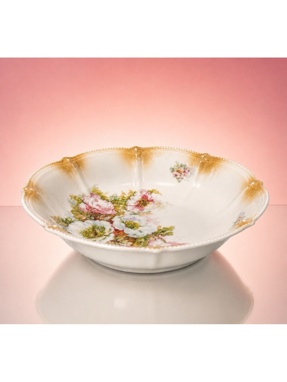 German Antique 1910s Poppy Floral Porcelain Scalloped Bowl, 9x2.5”